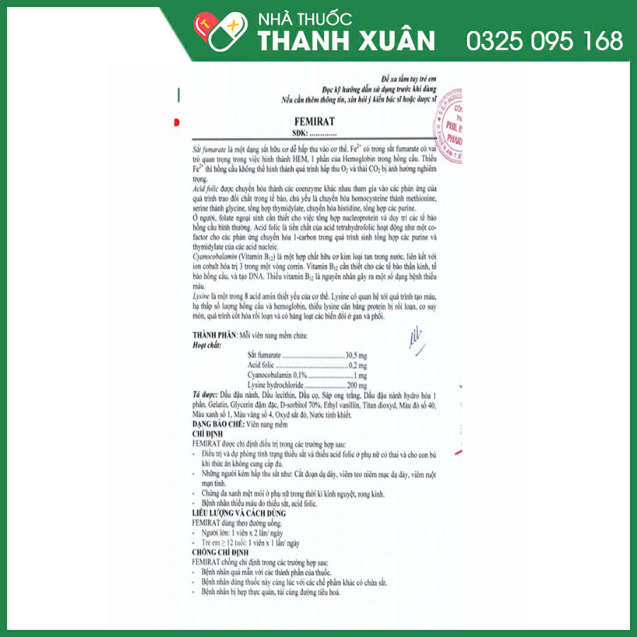 Femirat thuốc điều trị và dự phòng tình trạng thiếu sắt và thiếu acid folic